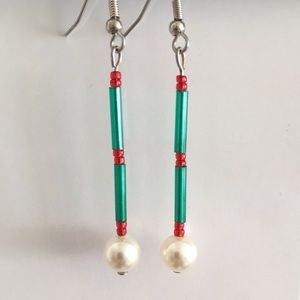 Hand Crafted Beaded Drop Earrings Pearl Pierced Green Red